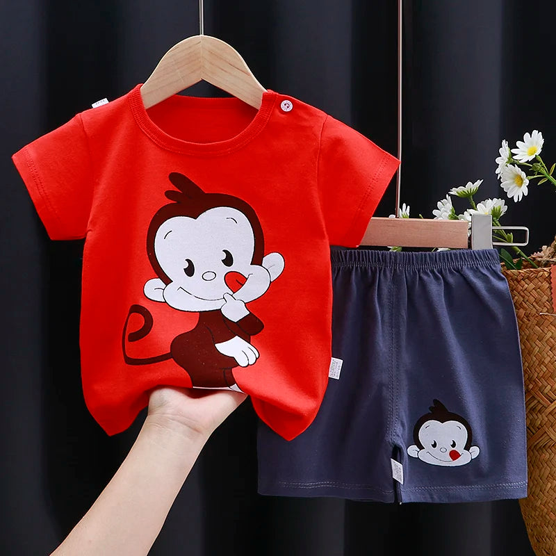 Occasion style layout showcasing the kids cartoon t-shirt and shorts casual set