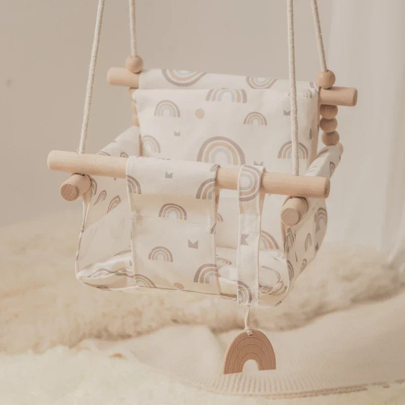 Baby Swing Canvas Seat Infant Hanging Swing 0-12 Months Wooden Rope Nursery Fall 2025 Safe Seat Belt
