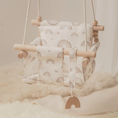 Baby Swing Canvas Seat Infant Hanging Swing 0-12 Months Wooden Rope Nursery Fall 2025 Safe Seat Belt