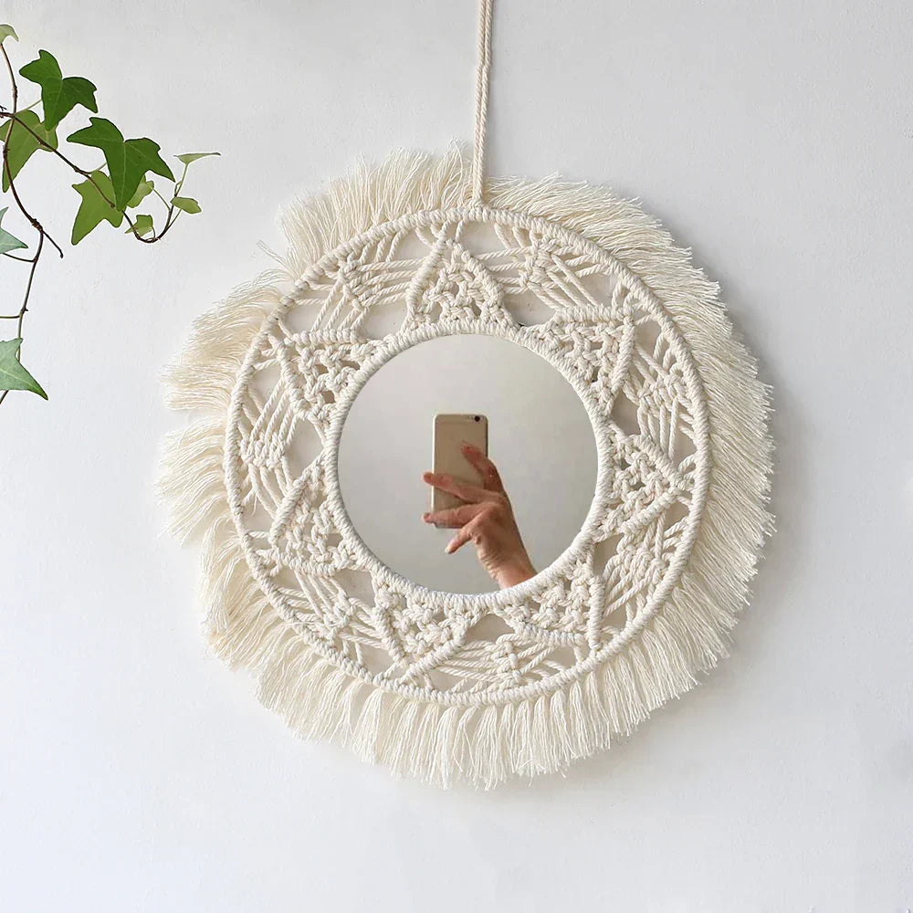Macrame Mirror Set Cotton Fringe Boho Wall Hanging Mirrors Fall 2025 Cozy Nursery Home Decor Gift