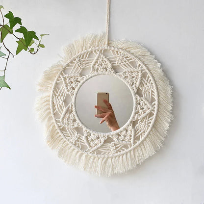 Macrame Mirror Set Cotton Fringe Boho Wall Hanging Mirrors Fall 2025 Cozy Nursery Home Decor Gift