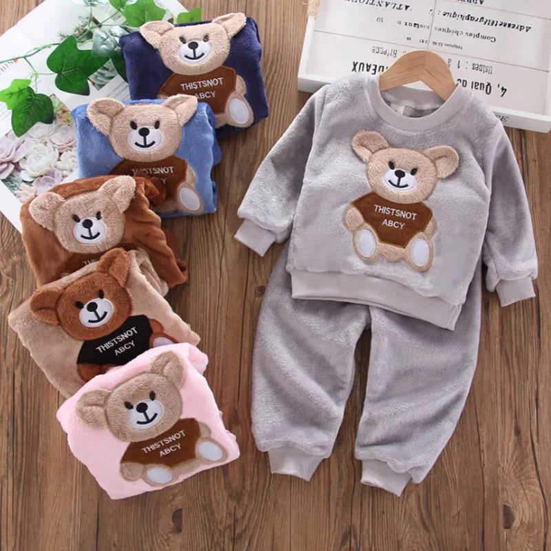 Flannel fleece winter pyjama set with cartoon bear pattern