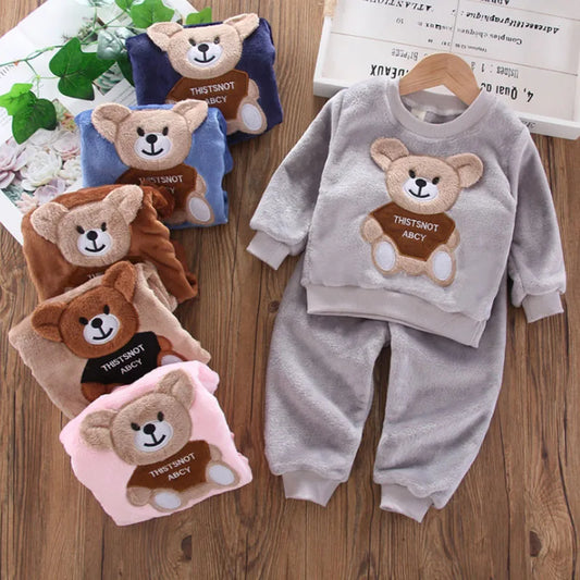 Flannel fleece winter pyjama set with cartoon bear pattern
