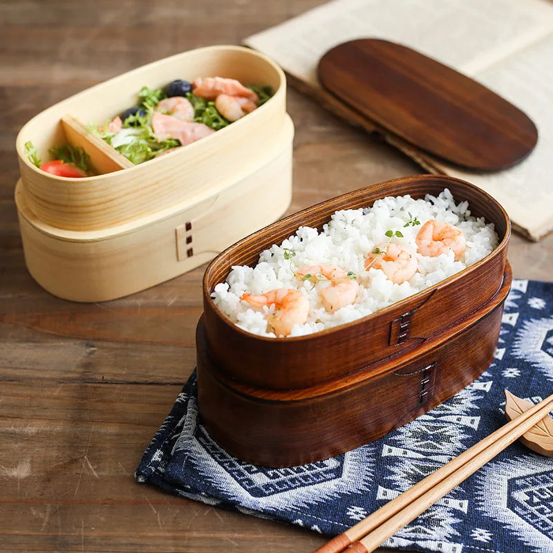 Wooden Japanese Style Bento Box Double-Layer Lunch Container for Workers & Students