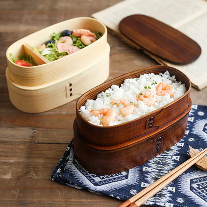 Wooden Japanese Style Bento Box Double-Layer Lunch Container for Workers & Students