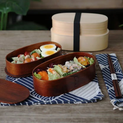 Wooden Japanese Style Bento Box Double-Layer Lunch Container for Workers & Students