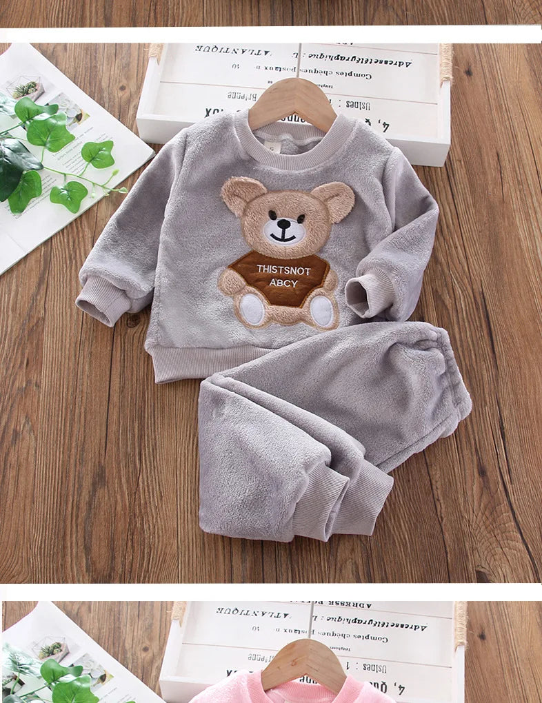 Different colour variation or layout view of the kids flannel fleece cartoon bear pyjama set