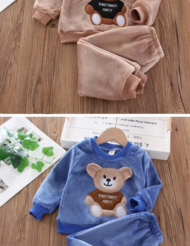 Styling option and alternate perspective of the kids flannel fleece cartoon bear pyjama set