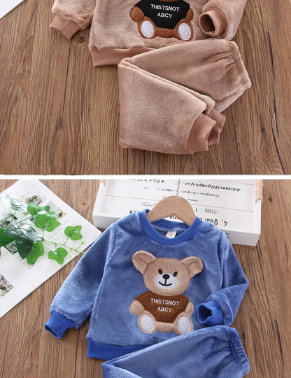 Styling option and alternate perspective of the kids flannel fleece cartoon bear pyjama set