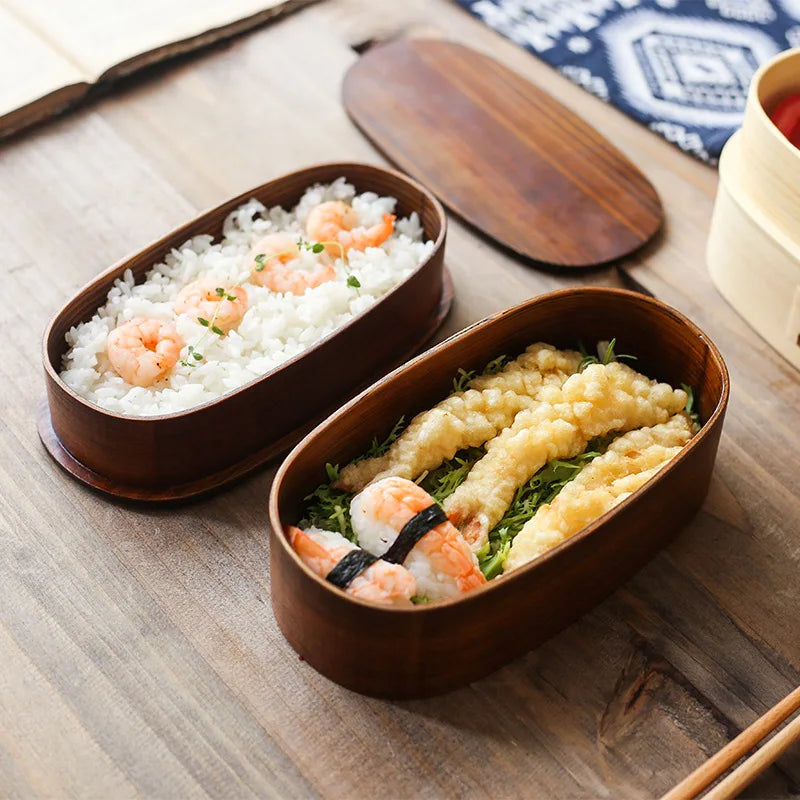Wooden Japanese Style Bento Box Double-Layer Lunch Container for Workers & Students