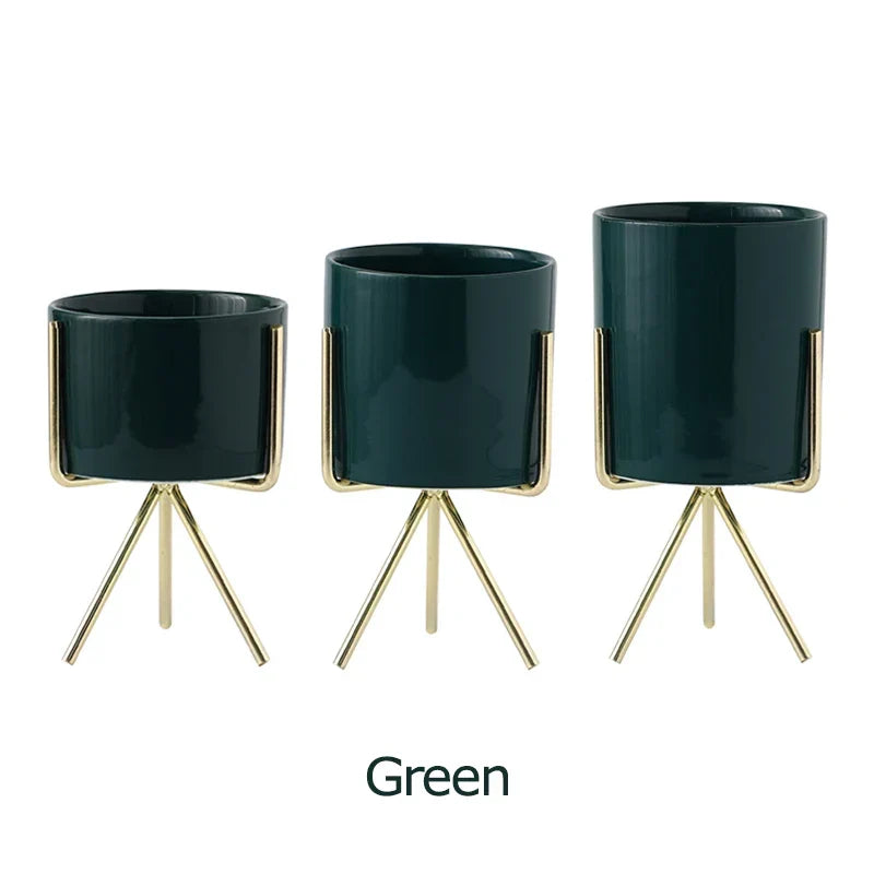 Ceramic Planters Set Of 3 With Gold Iron Stand Modern Desktop Succulent Planters Fall 2025 Stylish Gift