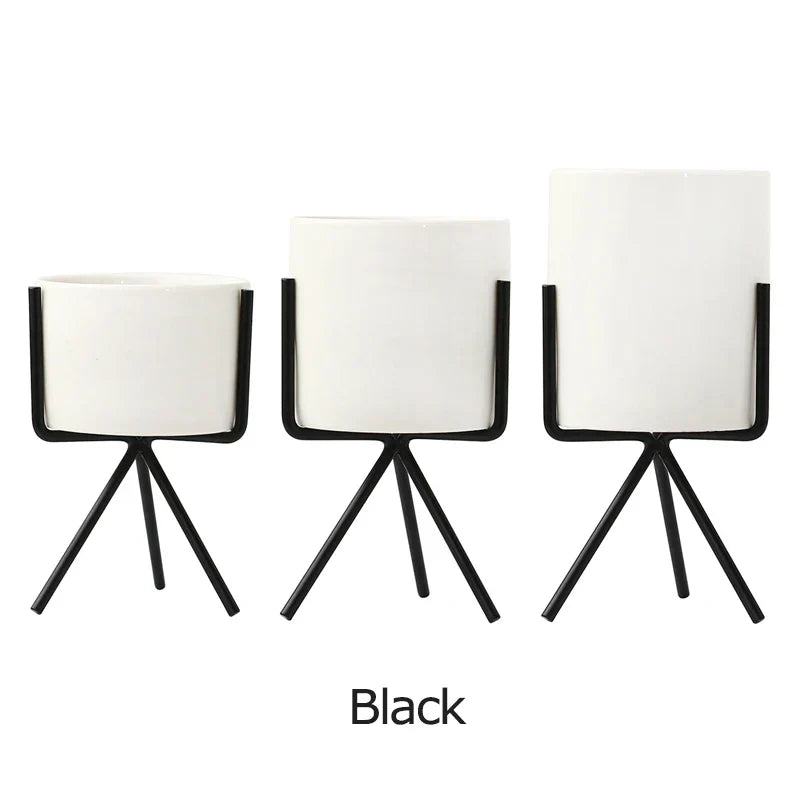 Ceramic Planters Set Of 3 With Gold Iron Stand Modern Desktop Succulent Planters Fall 2025 Stylish Gift