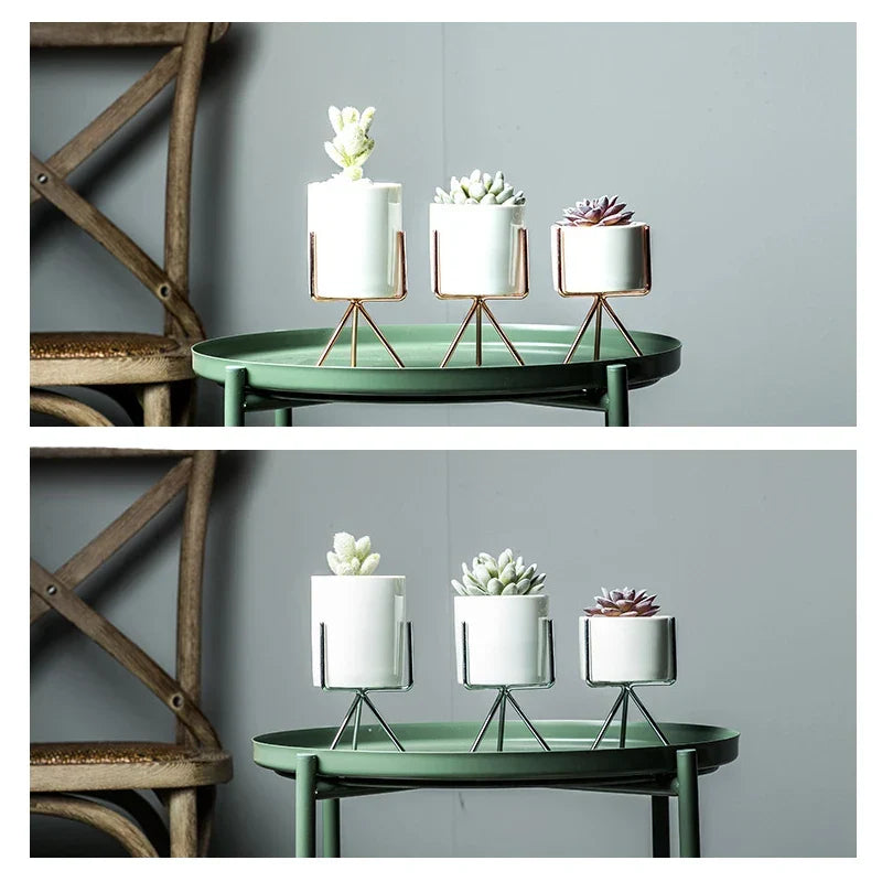 Ceramic Planters Set Of 3 With Gold Iron Stand Modern Desktop Succulent Planters Fall 2025 Stylish Gift