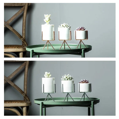 Ceramic Planters Set Of 3 With Gold Iron Stand Modern Desktop Succulent Planters Fall 2025 Stylish Gift