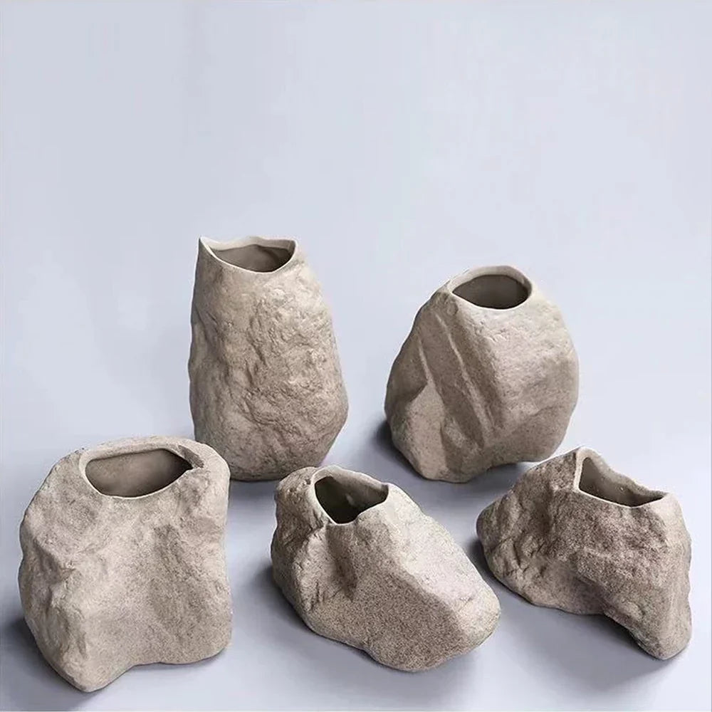 Ceramic Vase Stone Texture Tabletop Sculpture Vase Home Decor Fall 2025 Wedding Centerpiece Rustic Gift
