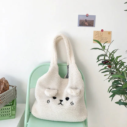 Tote Bag Soft Plush Cartoon Embroidery Shoulder Bag Winter 2025 Cozy Faux Lamb Hair Shopper Gift
