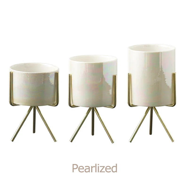 Ceramic Planters Set Of 3 With Gold Iron Stand Modern Desktop Succulent Planters Fall 2025 Stylish Gift