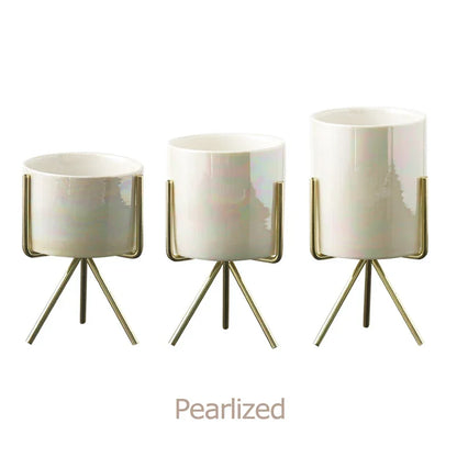 Ceramic Planters Set Of 3 With Gold Iron Stand Modern Desktop Succulent Planters Fall 2025 Stylish Gift