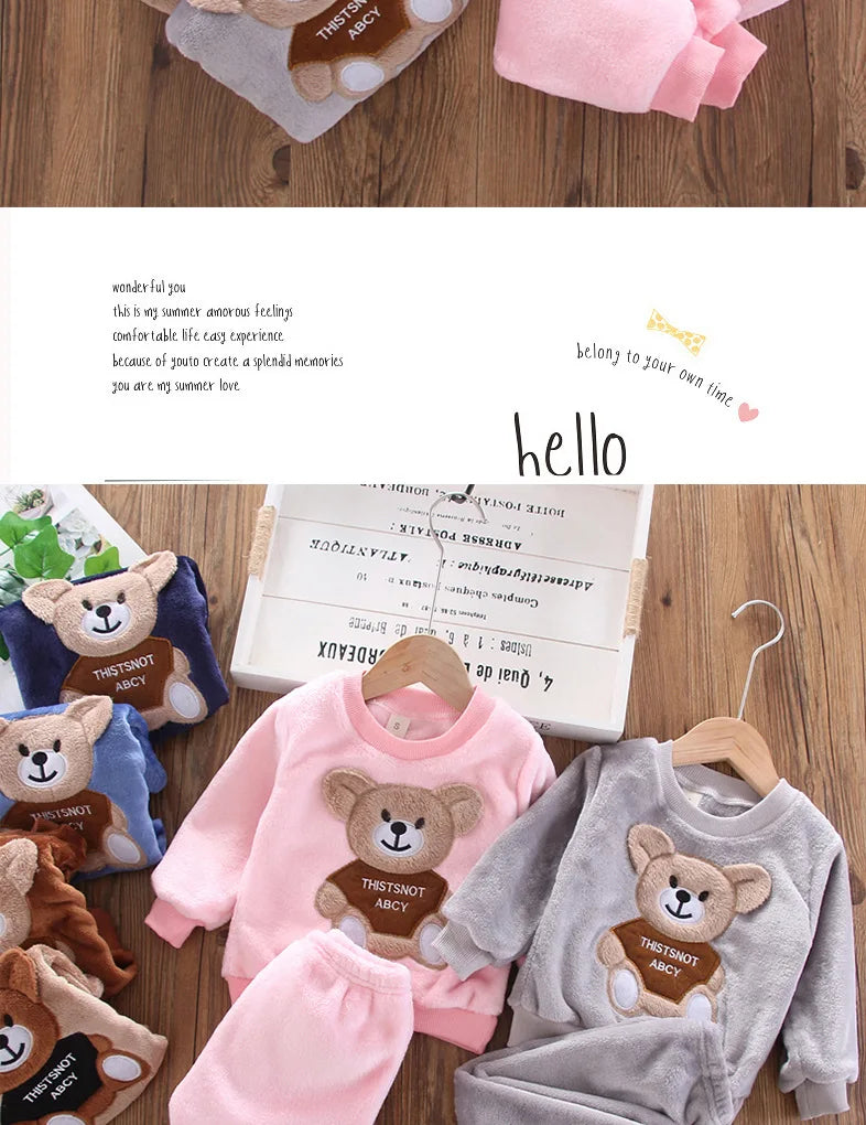 Styling option and alternate perspective of the kids flannel fleece cartoon bear pyjama set