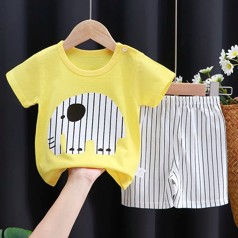 Back or secondary profile shot of the kids cartoon t-shirt and shorts casual set