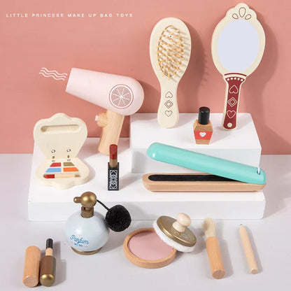 Kids Makeup Set Wooden Pretend Play Cosmetic Toy With Carry Bag Eco Friendly Hairdressing Kit Holiday Gift 2025