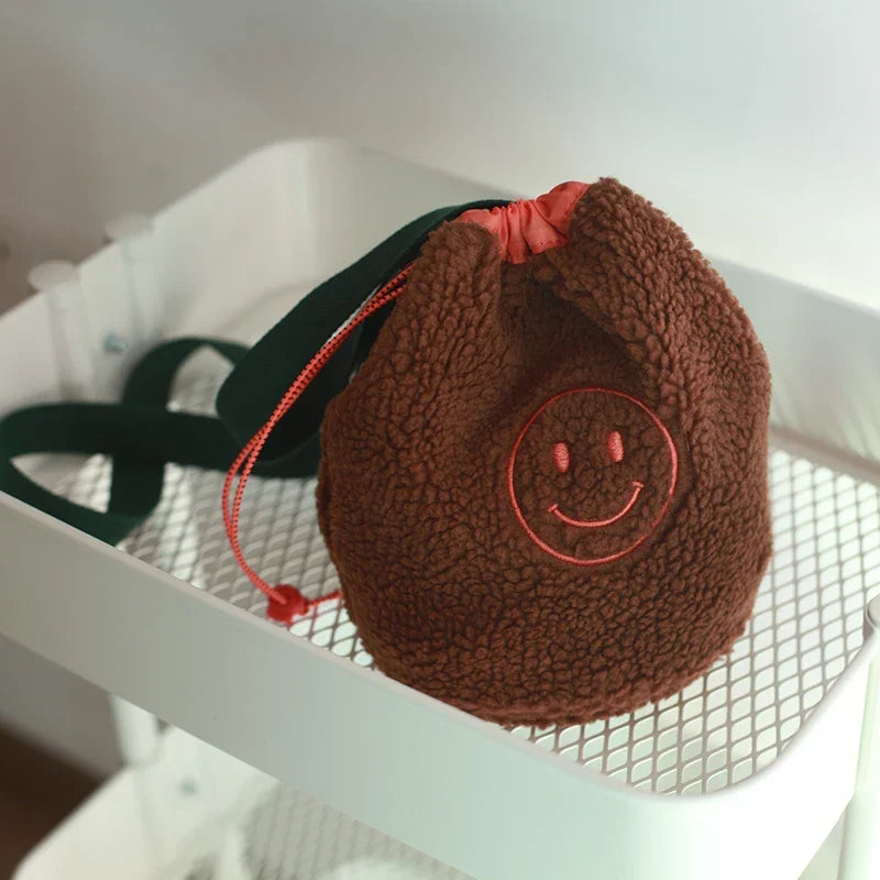 Kids Shoulder Bag Polar Fleece Drawstring Organizer Korean Hanging Storage Pouch Back to School Fall 2025 Space Saving