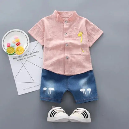 Baby boy wearing a smart casual shirt and denim shorts