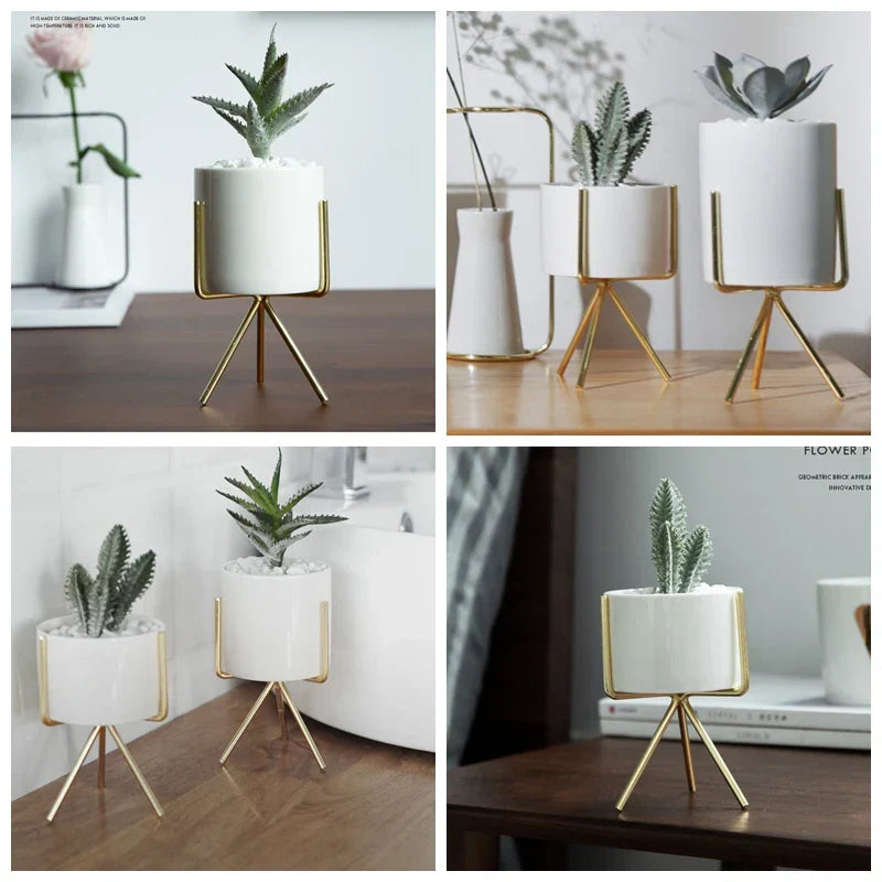 Ceramic Planters Set Of 3 With Gold Iron Stand Modern Desktop Succulent Planters Fall 2025 Stylish Gift