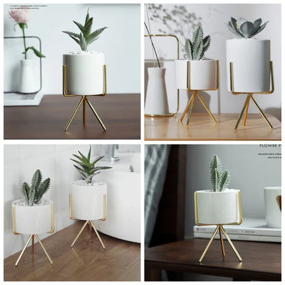 Ceramic Planters Set Of 3 With Gold Iron Stand Modern Desktop Succulent Planters Fall 2025 Stylish Gift