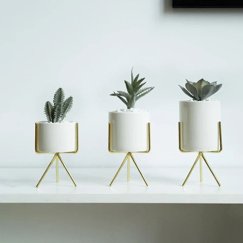 Ceramic Planters Set Of 3 With Gold Iron Stand Modern Desktop Succulent Planters Fall 2025 Stylish Gift