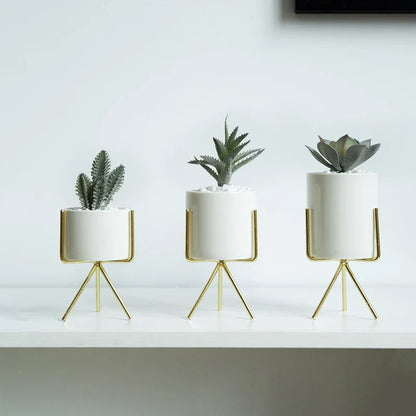 Ceramic Planters Set Of 3 With Gold Iron Stand Modern Desktop Succulent Planters Fall 2025 Stylish Gift