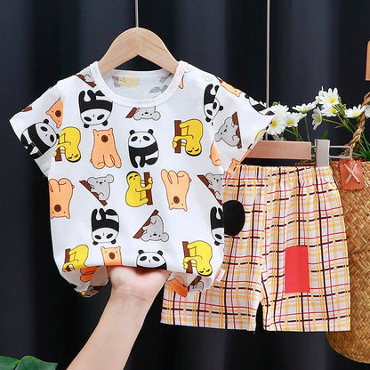 Styling option and alternate perspective of the kids cartoon t-shirt and shorts casual set