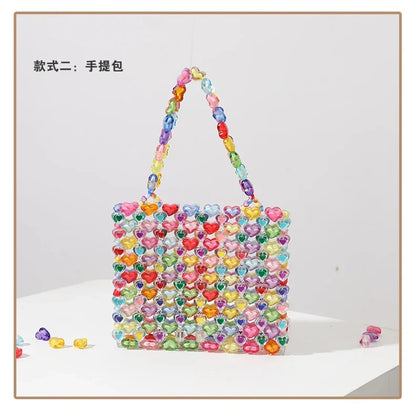 Beaded Bag Heart Bead Mini Shoulder Bag Handwoven Jelly Colorful Purse Summer 2025 Trendy Gift Accessory