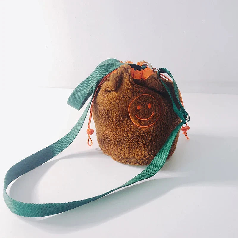 Kids Shoulder Bag Polar Fleece Drawstring Organizer Korean Hanging Storage Pouch Back to School Fall 2025 Space Saving