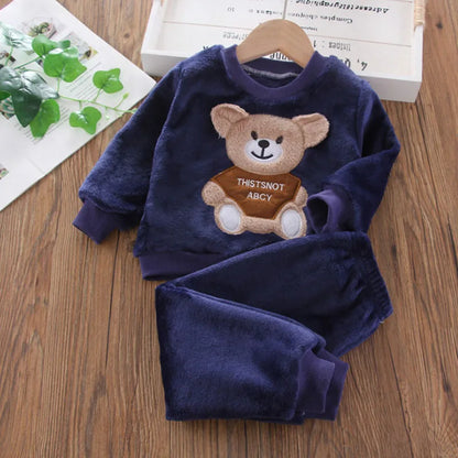 Back or secondary profile shot of the kids flannel fleece cartoon bear pyjama set