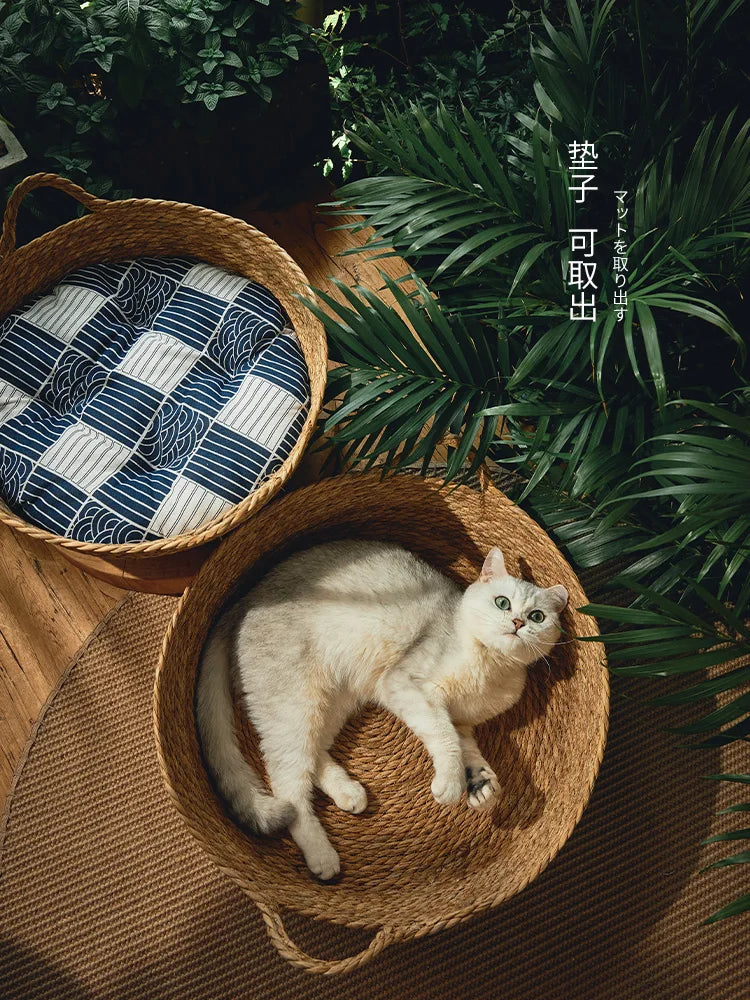 Rattan Cat Nest Handwoven Bamboo Bed Four Seasons 2025 Natural Cool Cozy Hideaway Eco Friendly