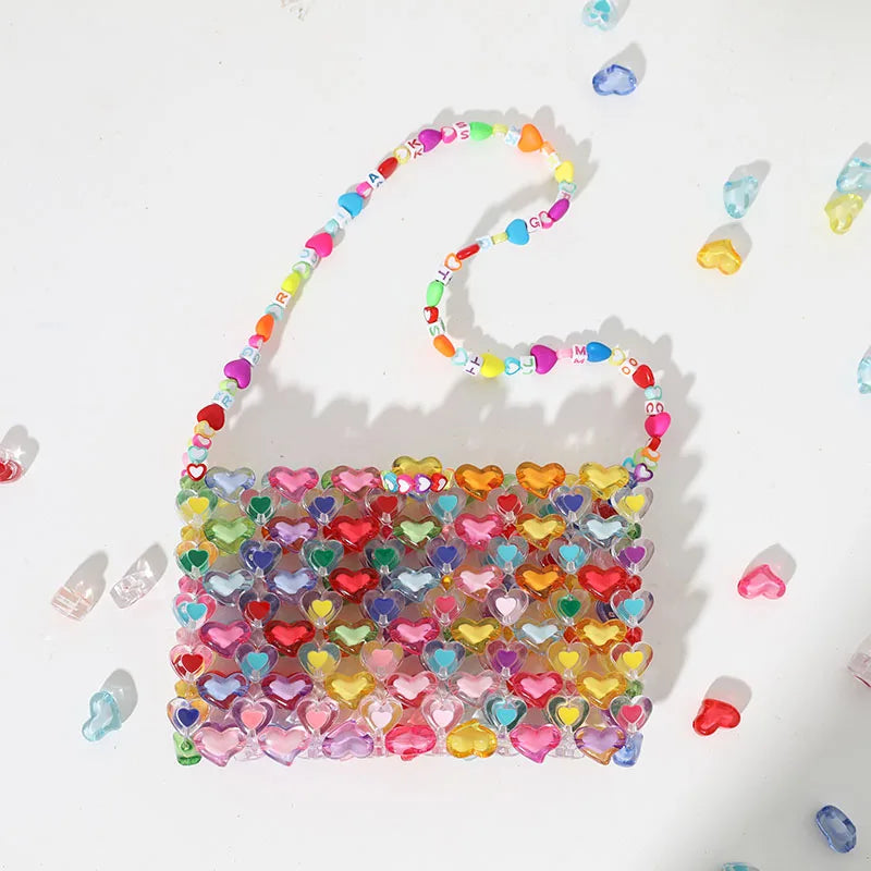 Beaded Bag Heart Bead Mini Shoulder Bag Handwoven Jelly Colorful Purse Summer 2025 Trendy Gift Accessory