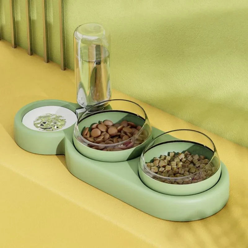 Raised Pet Feeding Station Tilted 3-Bowl Design With 500ML Water Bottle Fall 2025 Ergonomic Spine Protection