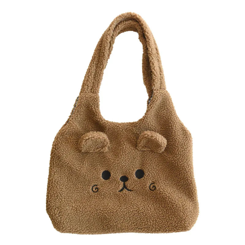 Tote Bag Soft Plush Cartoon Embroidery Shoulder Bag Winter 2025 Cozy Faux Lamb Hair Shopper Gift