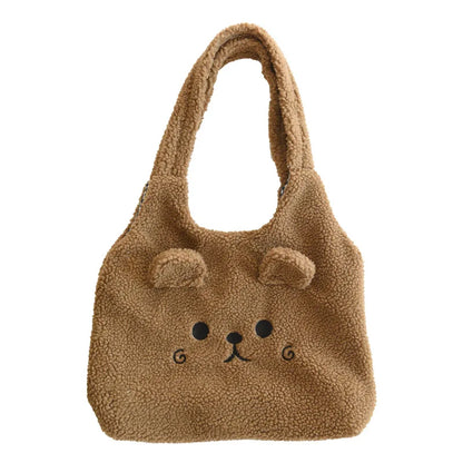 Tote Bag Soft Plush Cartoon Embroidery Shoulder Bag Winter 2025 Cozy Faux Lamb Hair Shopper Gift