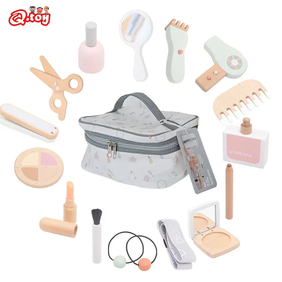 Kids Makeup Set Wooden Pretend Play Cosmetic Toy With Carry Bag Eco Friendly Hairdressing Kit Holiday Gift 2025