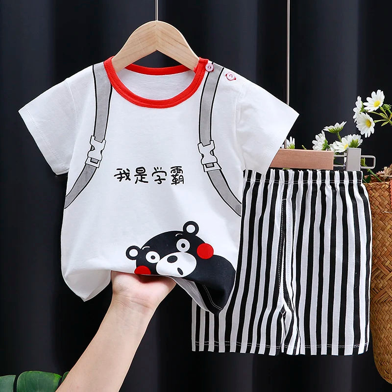 Different colour variation or layout view of the kids cartoon t-shirt and shorts casual set