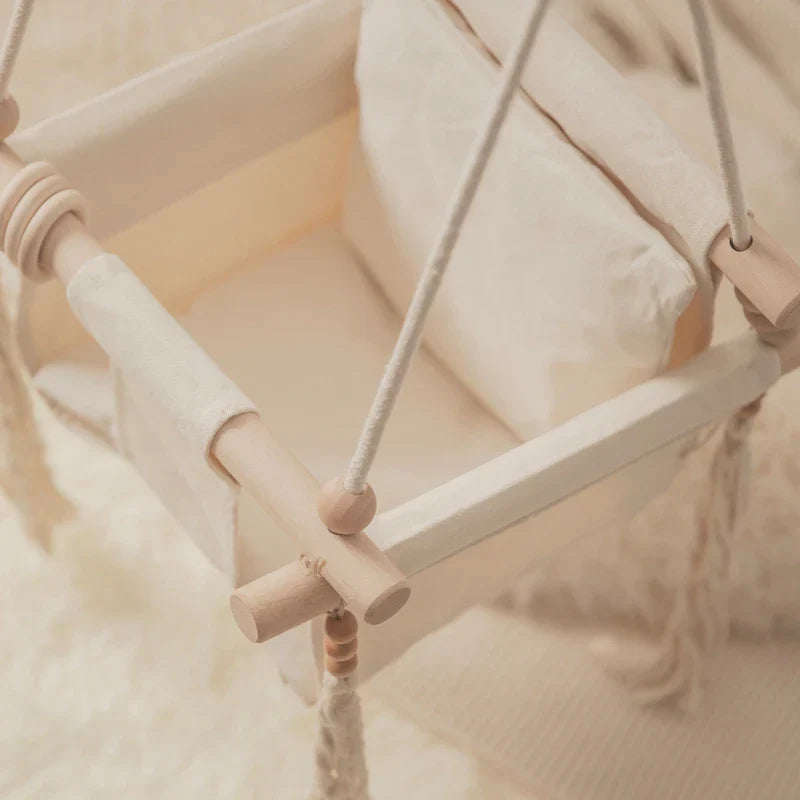 Baby Swing Canvas Seat Infant Hanging Swing 0-12 Months Wooden Rope Nursery Fall 2025 Safe Seat Belt