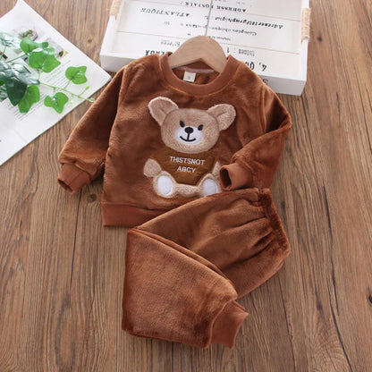 Different colour variation or layout view of the kids flannel fleece cartoon bear pyjama set