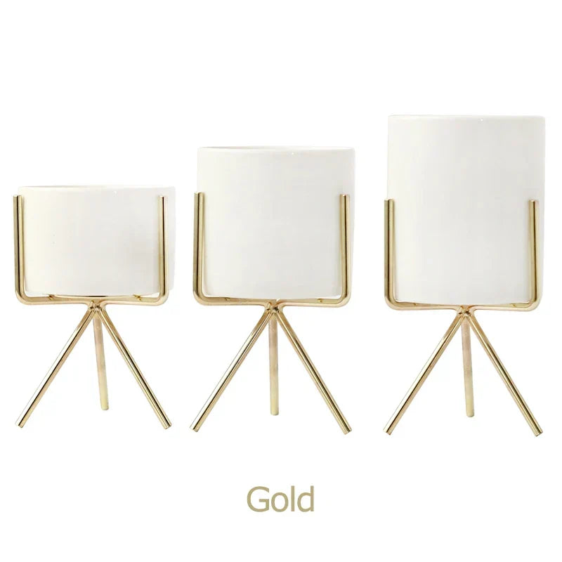 Ceramic Planters Set Of 3 With Gold Iron Stand Modern Desktop Succulent Planters Fall 2025 Stylish Gift