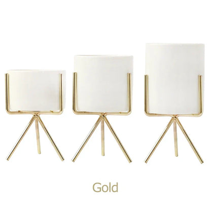 Ceramic Planters Set Of 3 With Gold Iron Stand Modern Desktop Succulent Planters Fall 2025 Stylish Gift
