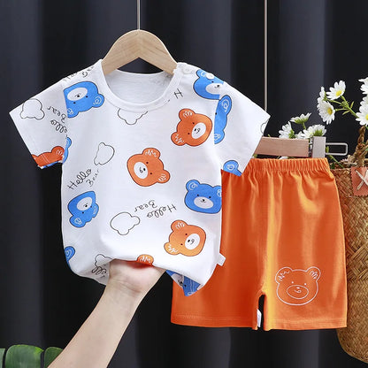 Detail view showing the fabric finish and pattern of the kids cartoon t-shirt and shorts casual set