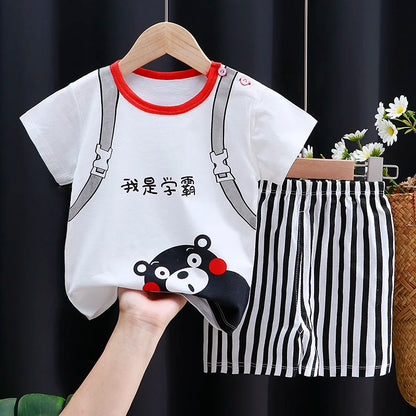Styling option and alternate perspective of the kids cartoon t-shirt and shorts casual set