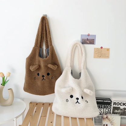 Tote Bag Soft Plush Cartoon Embroidery Shoulder Bag Winter 2025 Cozy Faux Lamb Hair Shopper Gift