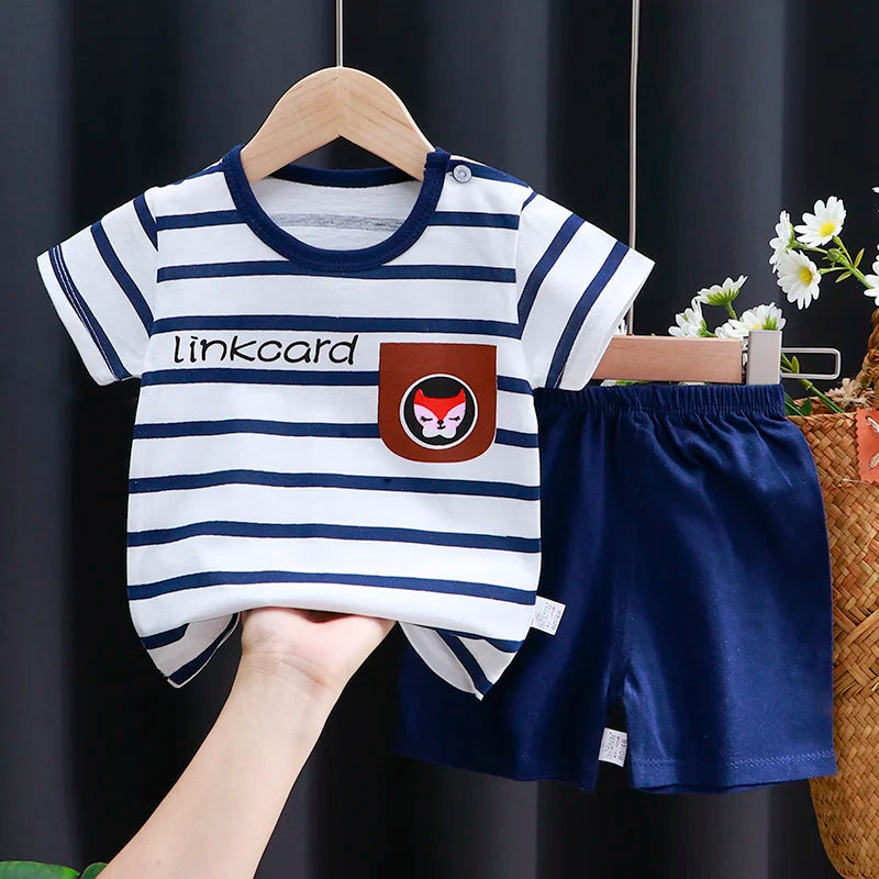 Back or secondary profile shot of the kids cartoon t-shirt and shorts casual set